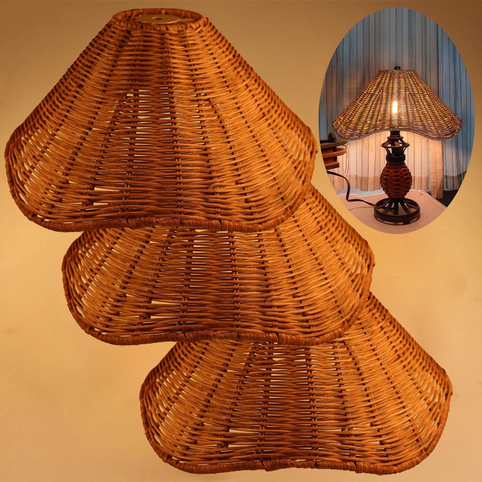 Photo 1 of Natural Rattan Boho & Flower-inspired Lamp Shades - Set of 3, Unique Bell/Flower Design Table Lamps