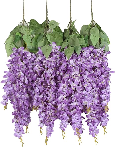 Amazon Com Duovlo Silk Wisteria Flower Artificial 2 13 Feet Hanging Wisteria Vine Fake Flower Bush String Home Party Wedding Decoration Pack Of 4 Purple Home Kitchen