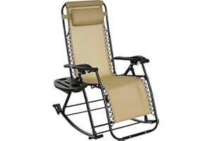 Outsunny Outdoor Rocking Chairs, Foldable Reclining Zero Gravity Lounge Rocker with Pillow, Phone & Cup Holder, Combo Design with Folding Legs, Beige