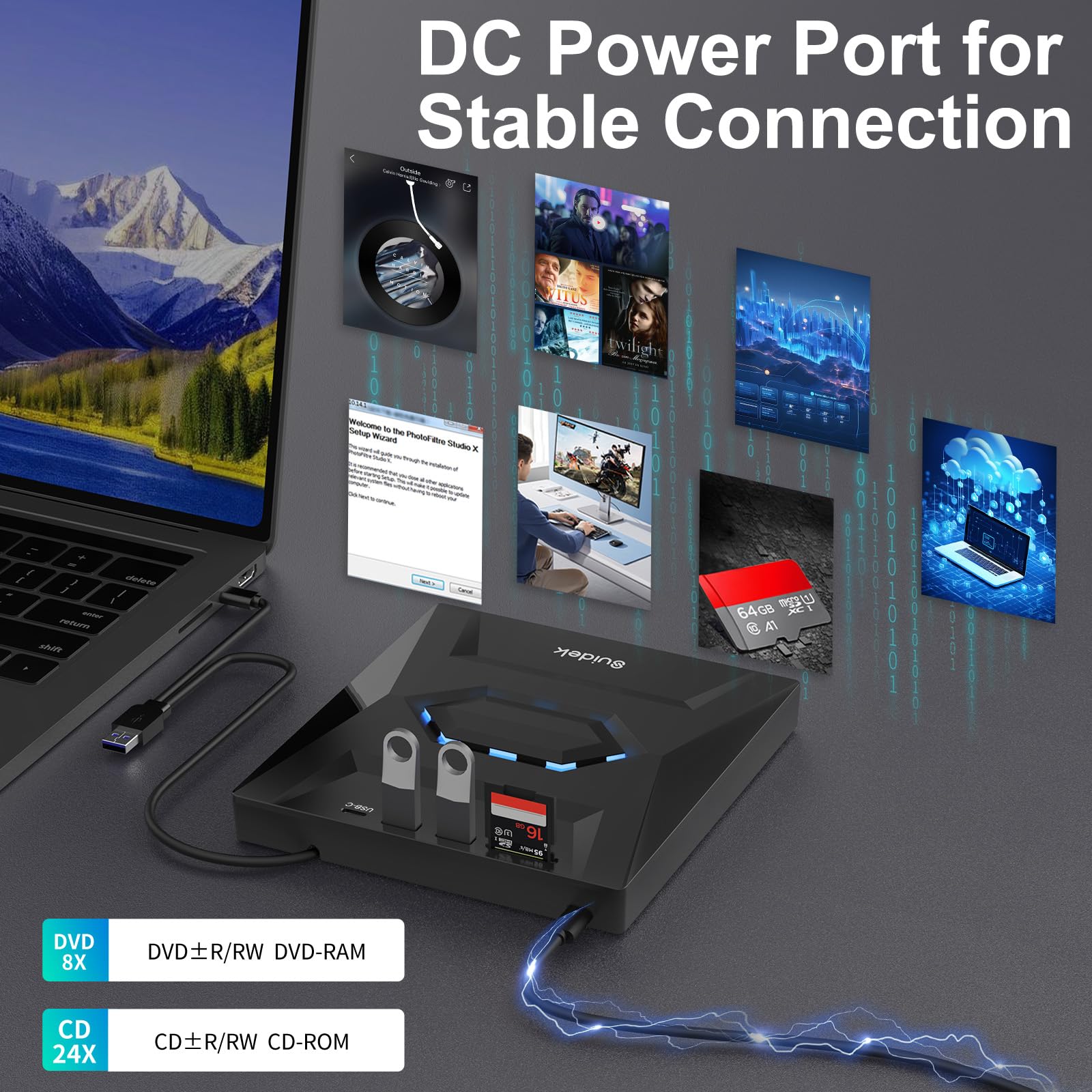 SUIDEK External CD DVD Drive for Laptop, USB C Portable CD/DVD +/-RW Burner DVD Player with SD Card Reader USB 3.0 Type C Hub Compatible with Laptop PC Windows Linux