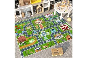 VNUVCOE Kids Car Rug Playmat Carpet, Playroom City Road Race Track Rug for Playing Cars Toys, Educational Area Rugs for Bedroom Classroom Toddlers Kids Room Safe Area Decor(Green,2.6x3.9ft)