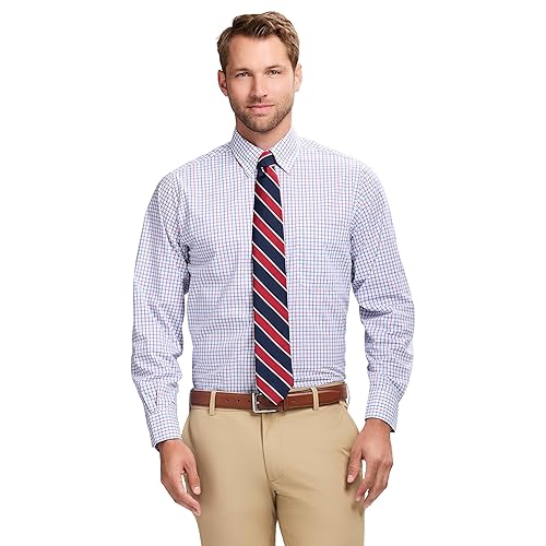 IZOD Men's Dress Shirt Regular Fit Long Sleeve Wrinkle Free Stretch Button Down Collar, Chilli Pepper