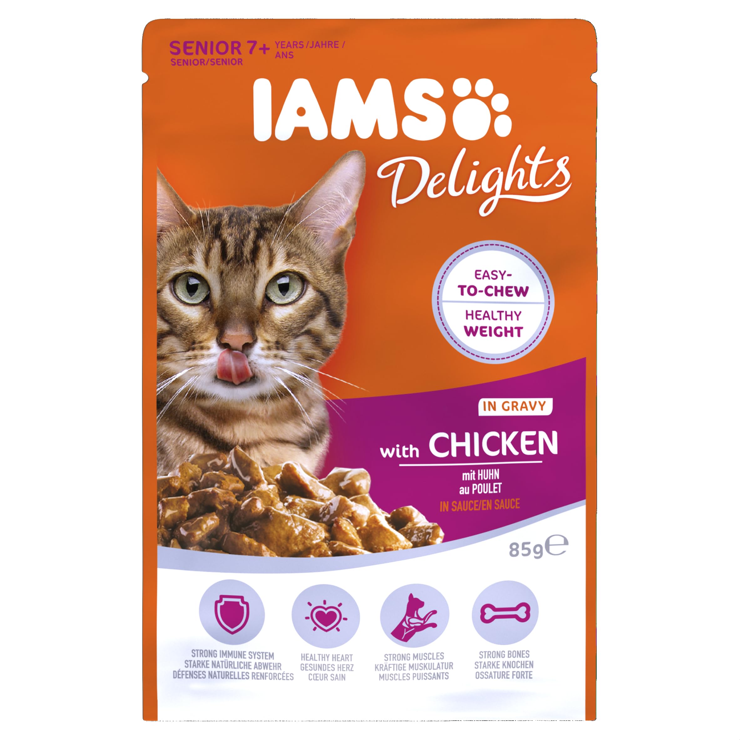IAMS Delights Complete Wet Cat Food for Senior 7+ Cats Chicken in Gravy Pouch 85 g