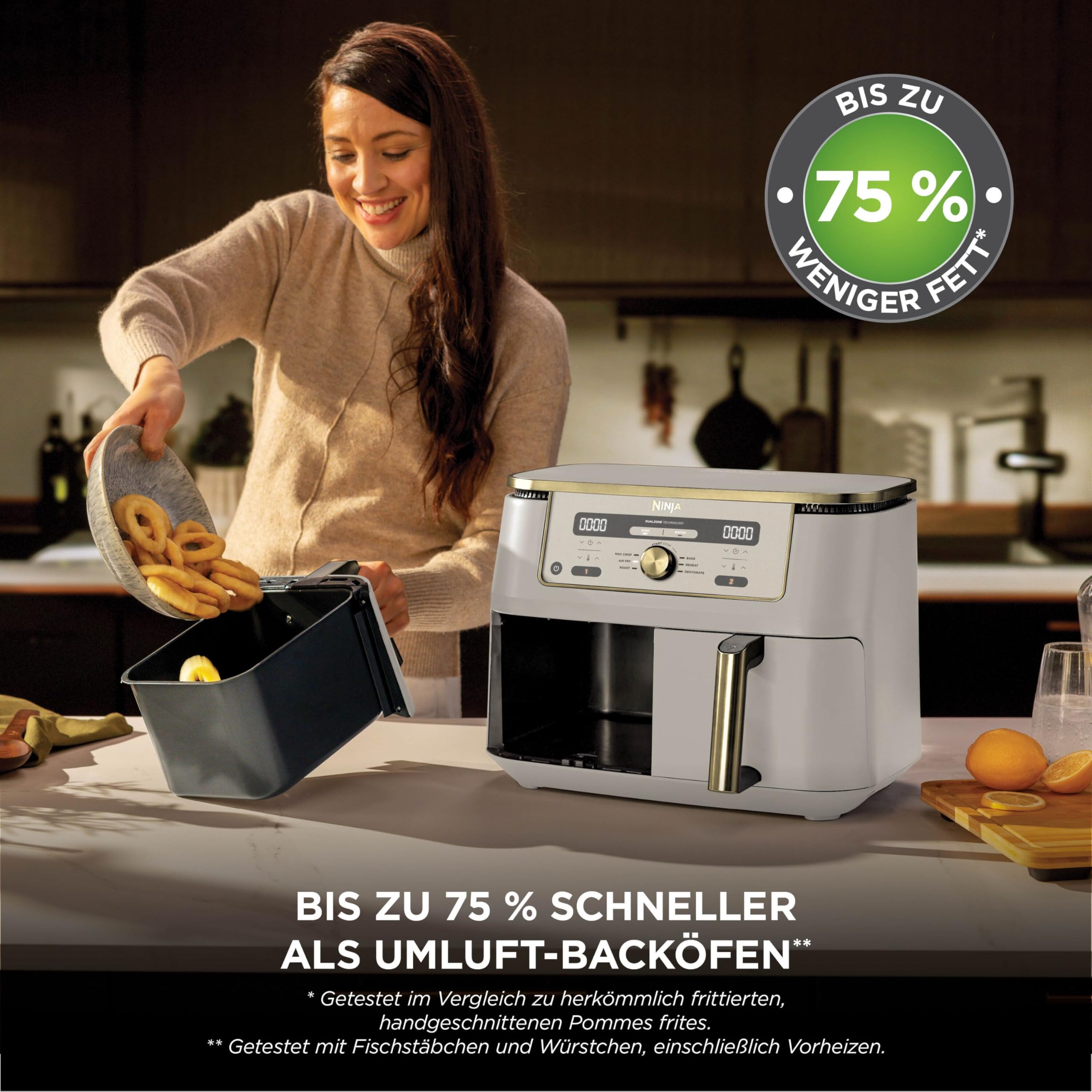 Ninja Dual Zone Digital Air Fryer, 2 Schubladen, 6-in-1, Heißluftfritteuse, 9,5L, Heißluft-Frittieren, Max Crisp, Rösten, Backen, Aufwärmen, Spülmaschinenfeste Körbe, Stone/Gold DZ400EUSTGD 8