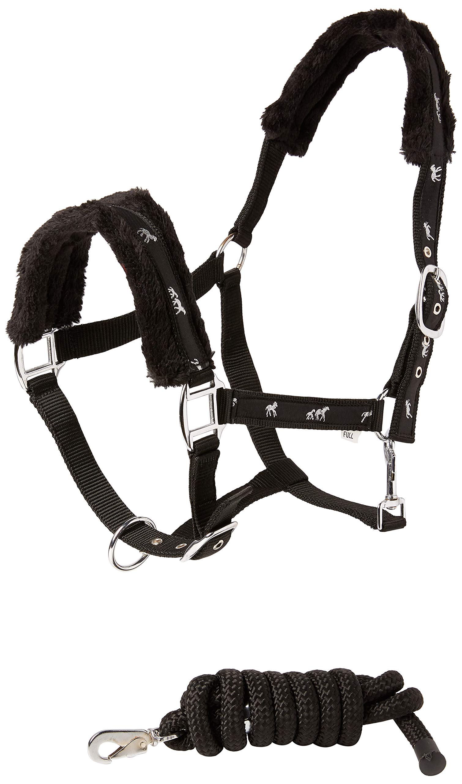 Cwell Equine NEW Horse print fur padded headcollars halter + matching lead Set BLACK FULL/COB/PONY (COB)