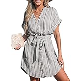 CUPSHE Women's Waist Tie Dress Short Cuffed Sleeve Dresses V Neck Button Mini Shirt Dress