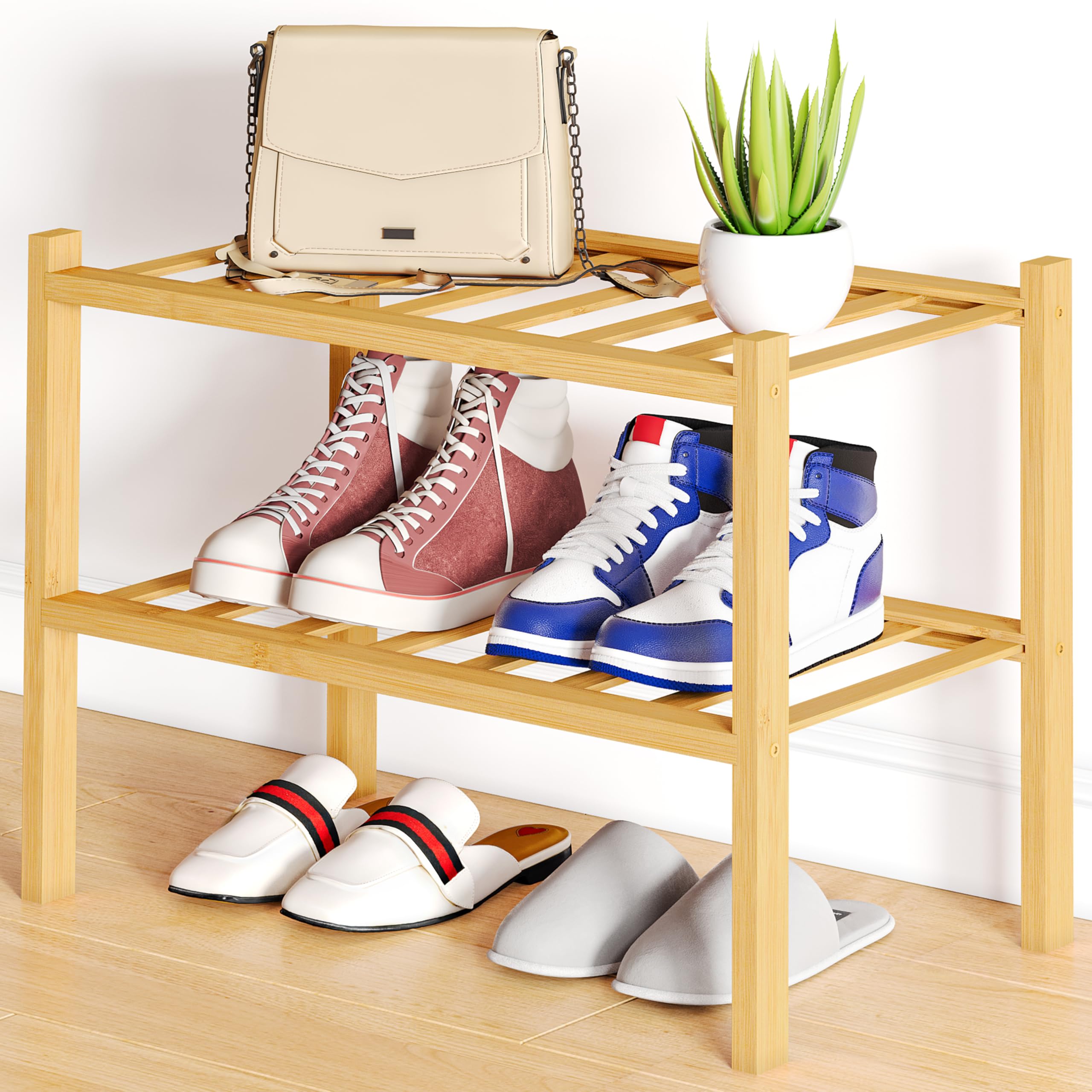 Photo 1 of Smiry Shoe Rack, 2 Tier Small Bamboo Shoe Organizer, Stackable Free Standing Wooden Shoe Storage Shelf for Closet, Entryway, Front Door Entrance, Natural