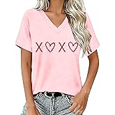 FlowFem Valentines Shirts for Women Valentines Day V-Neck T-Shirt Heart Tee Tops