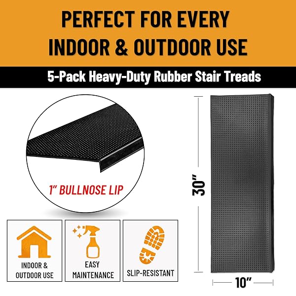 OTTOMANSON BULLNOSE STAIR TREADS OUTDOOR – DOTS HEAVY-DUTY NON-SLIP STAIR MATS – BEST GRIP ON CONCRETE, BRICK & TEXTURED STEP – FASTENING REQUIRED FOR WOODEN & RV STEPS, PACK OF 5