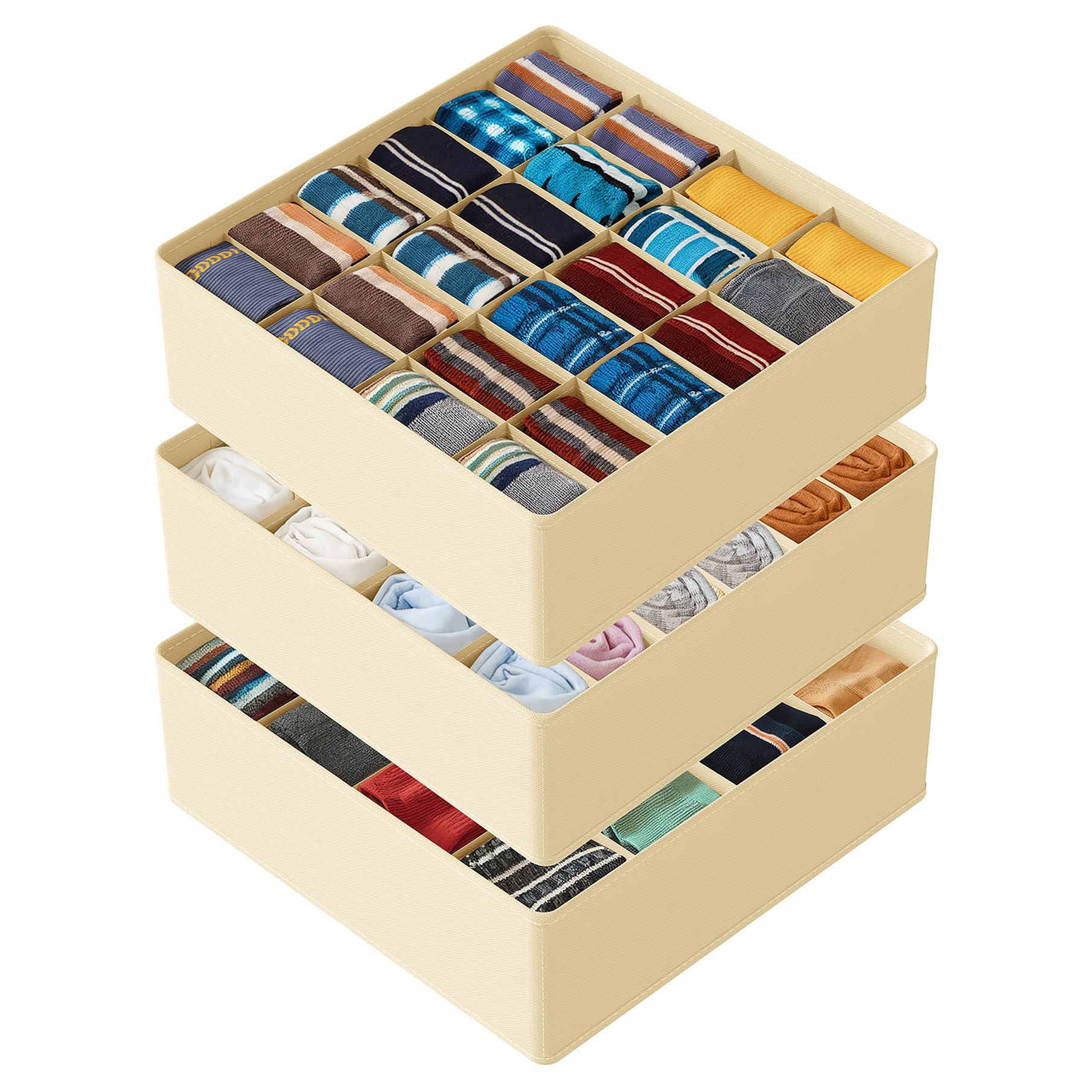 SpaceAid Sock Drawer Organizer Divider 3 Pack, 64 Cell Dresser Closet Nursery Underwear Organizers Storage Bins for Organizing Socks Underwear Ties Belts (Beige)