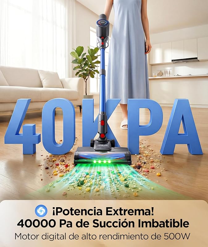 Aspirador sem fios 40KPA/500W/45MIN, aspirador sem fios com ecrã LED, luz verde, design autoportante, tubo telescópico e filtro HEPA, para pelos de animais de estimação, chão e carpete (azul)