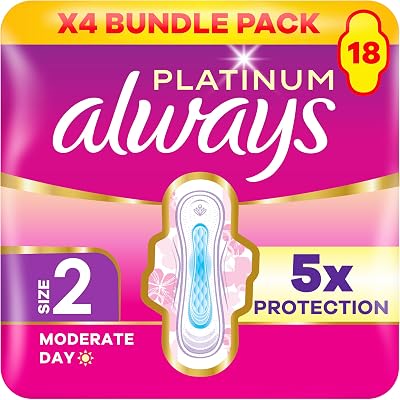 Always Platinum Day Size 2 Sanitary Towels with Wings Moderate Flow 18 Pads x4