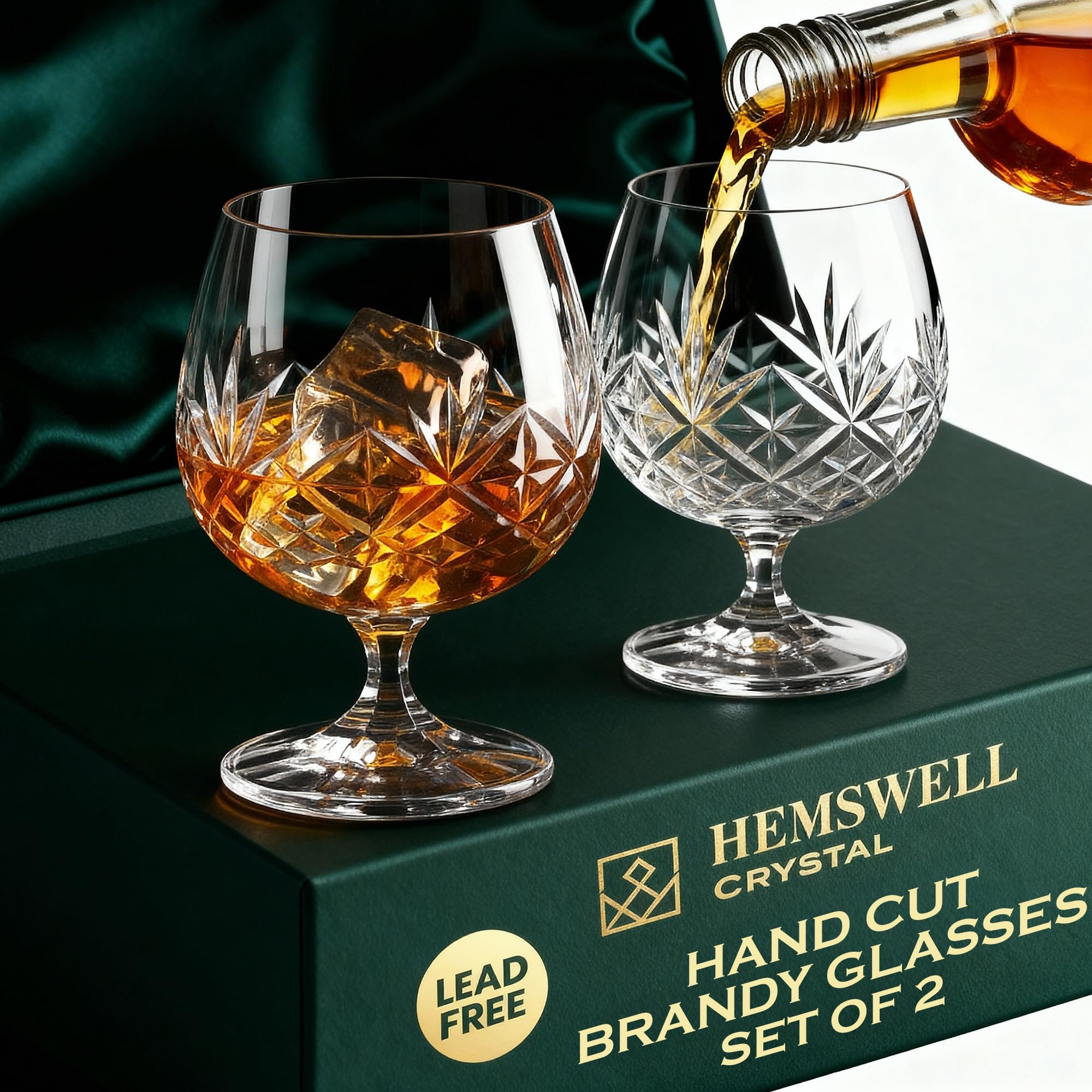 Hemswell Crystal Brandy Glass Set of 2 - Cut Crystal Brandy Glasses with Satin Lined Box - Snifter Glass for Men 250ml - European Crystal - Glenrigg