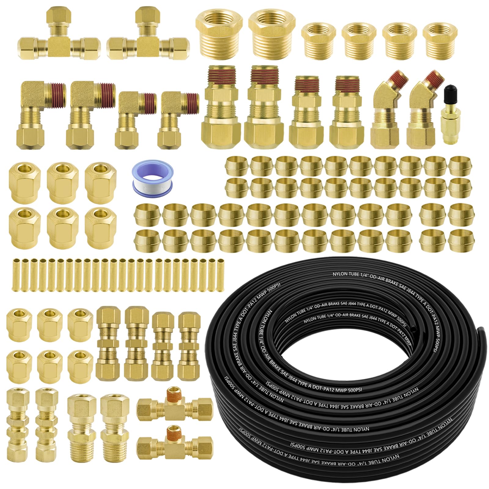 Photo 1 of 111 PCS Brass DOT Air Line Fittings with 100FT 1/4" DOT Air Line Kit Quick Connect 1/4" 1/8" 3/8" 1/2" NPT Thread Fittings with Pneumatic Tubing Set for Semi Truck Trailer or Industrial Air System