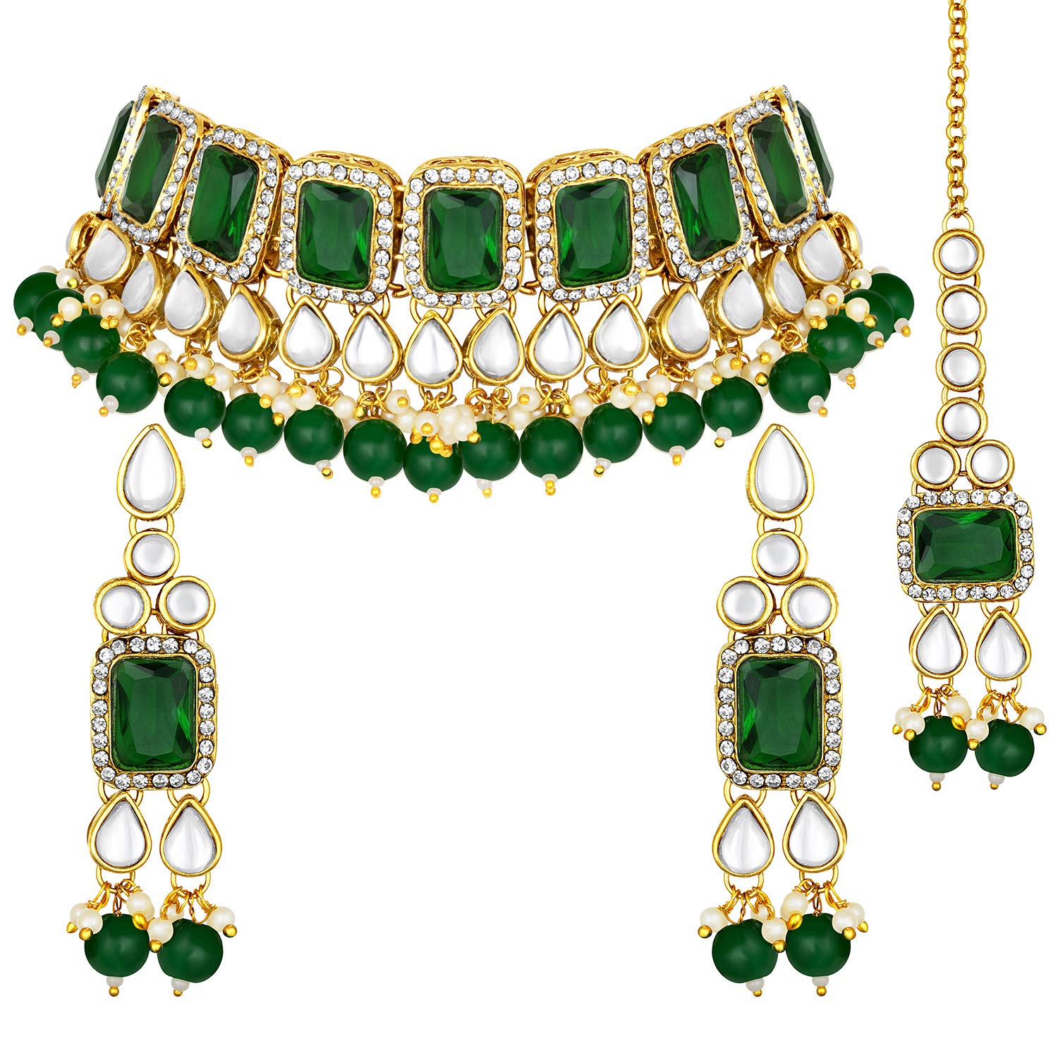 Photo 1 of Aheli Traditional Faux Stone Necklace Earrings Maang Tikka Bollywood Wedding Party Jewelry Set Gift for Women (Green)