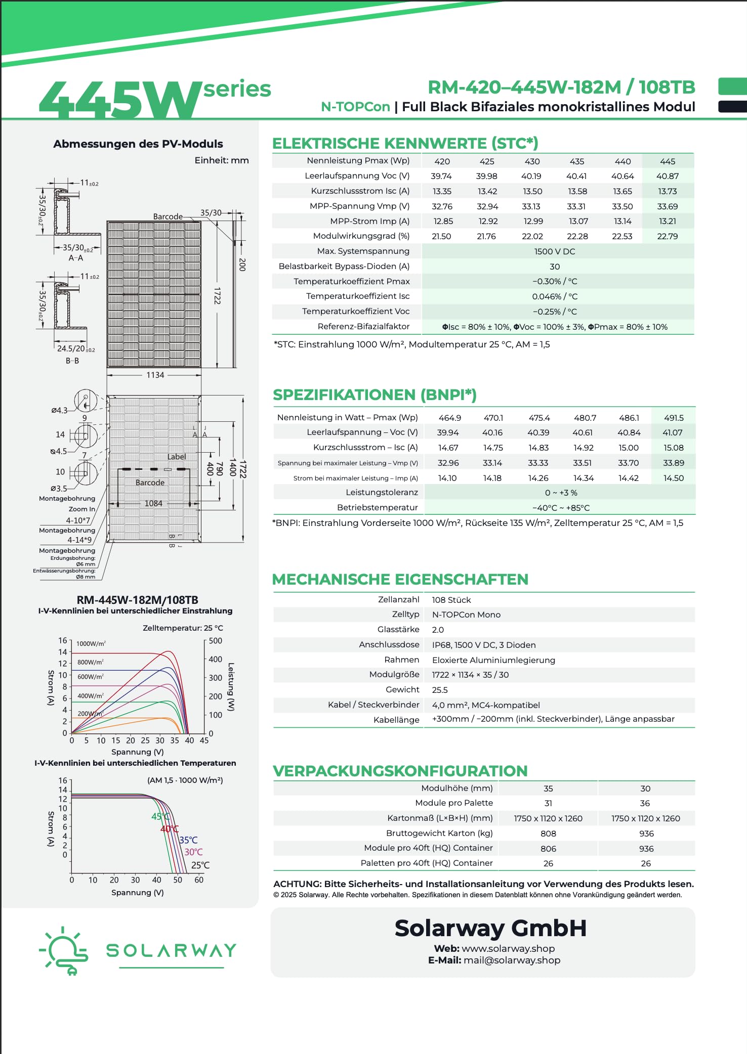 Solarway 445W Solarpanel Full Black Bifazial Glas/Glas PV Panel mit positiver Leistungstoleranz von 0-5 Watt, n-type, geeignet für Balkonkraftwerk 3