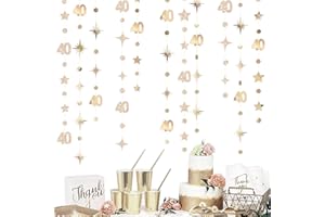 PINKBLUME Champagne Gold 40th Birthday Decorations Number 40 Circle Dot Twinkle Star Garland Streamer Banner Backdrop for Women Mens Cheers to 40 Years Old Birthday Happy 40th Anniversary Party Supplies