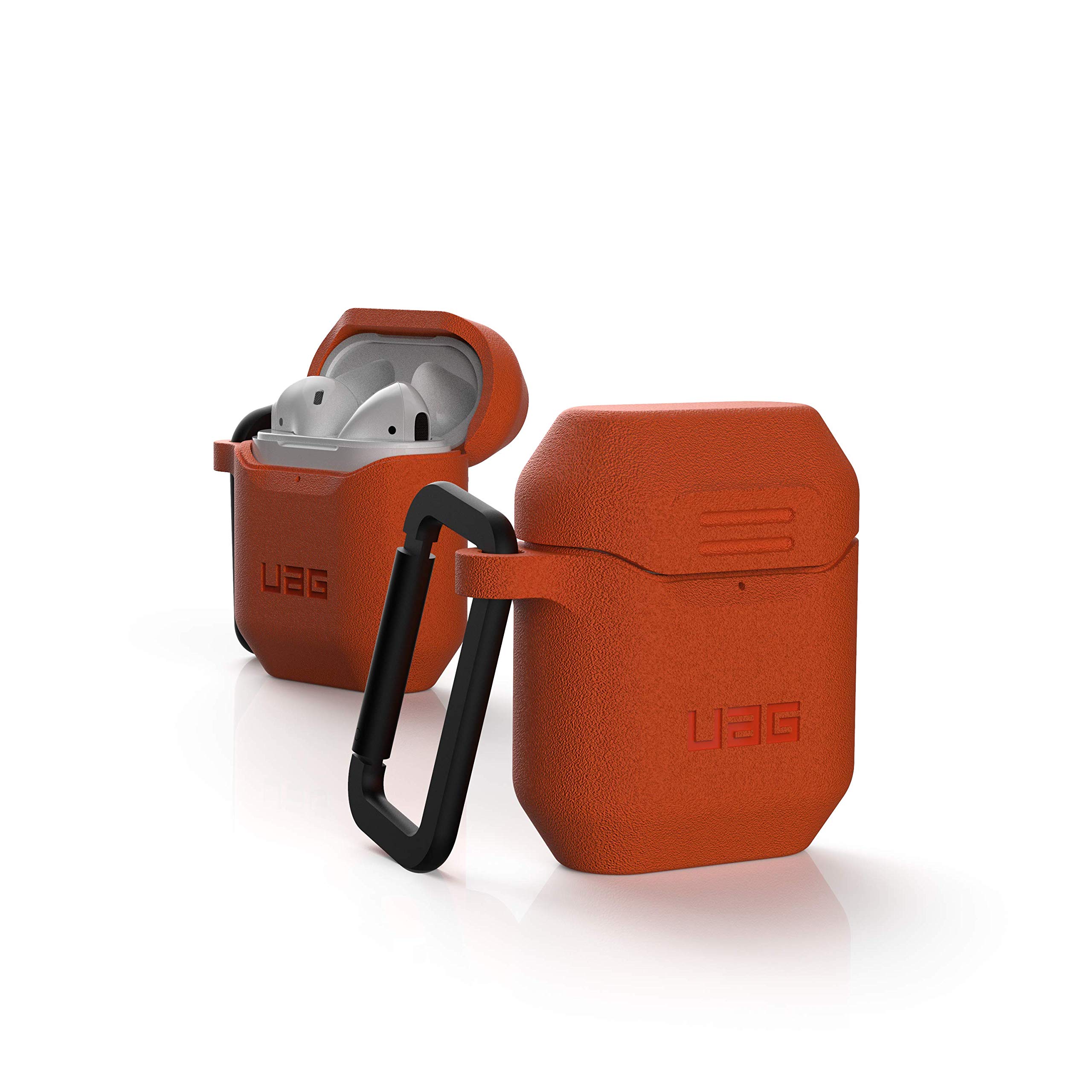 Urban Armor Gear Case for Apple Airpods 2 (2019) / Apple Airpods 1 (2016) (Textured One-Piece Silicone Case, Wireless Charging Compatible, Carabiner Hook, Lightning Connector Cover) Orange
