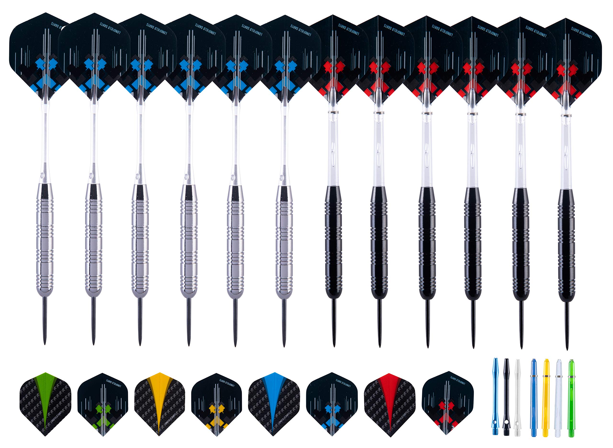 Engelhart – 12 Steel Tip Darts (4 Sets of Full Darts and Accessories) 21 g – 23 g, Level, Leisure, Semi-Professional, Professional (Tungsten Look)