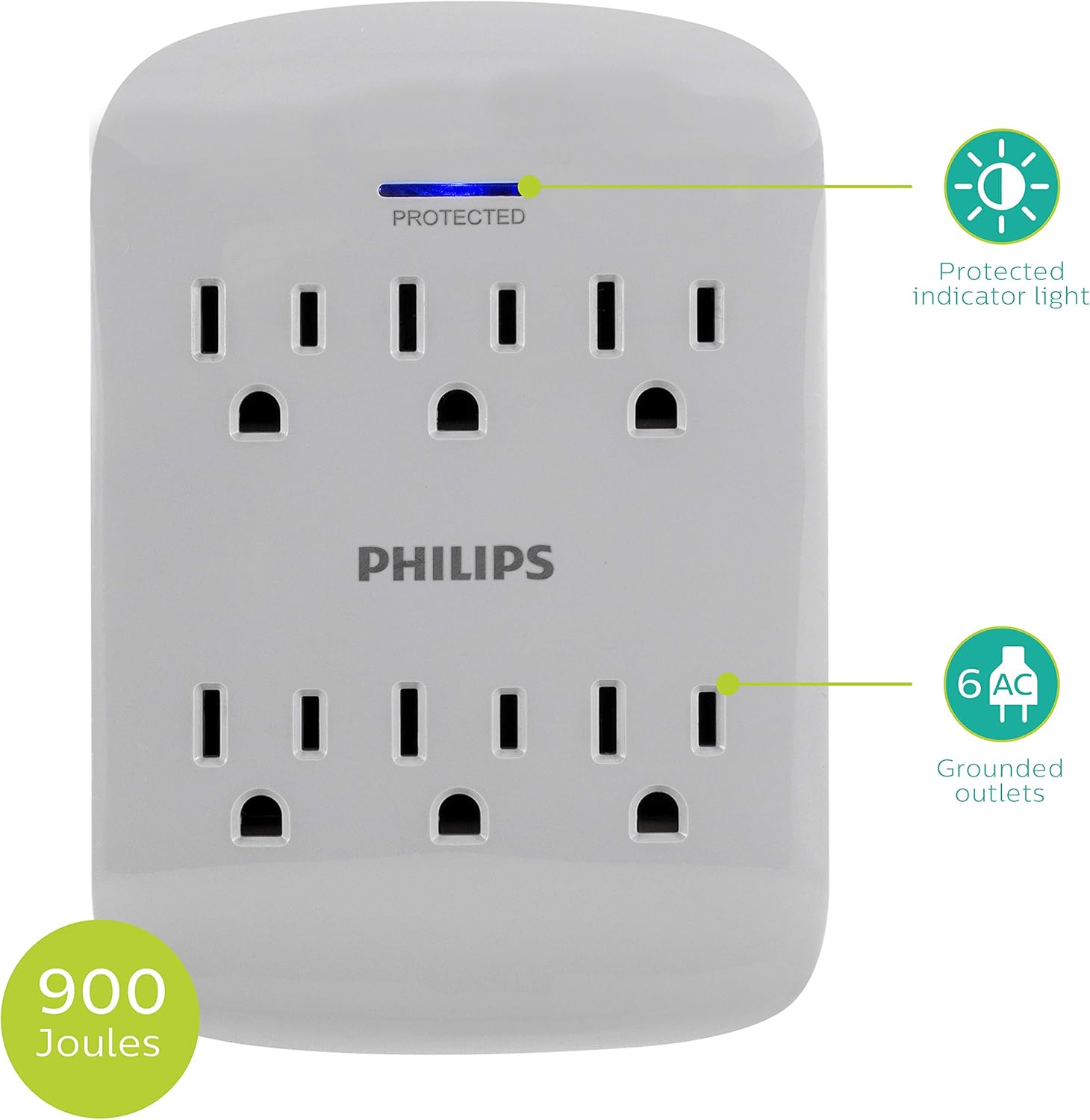 Philips 6-Outlet Extender Surge Protector, 900 Joules, 3-Prong, Space Saving Design, Protection Indicator LED Light, Grey, SPP3461GR/37: Electronics