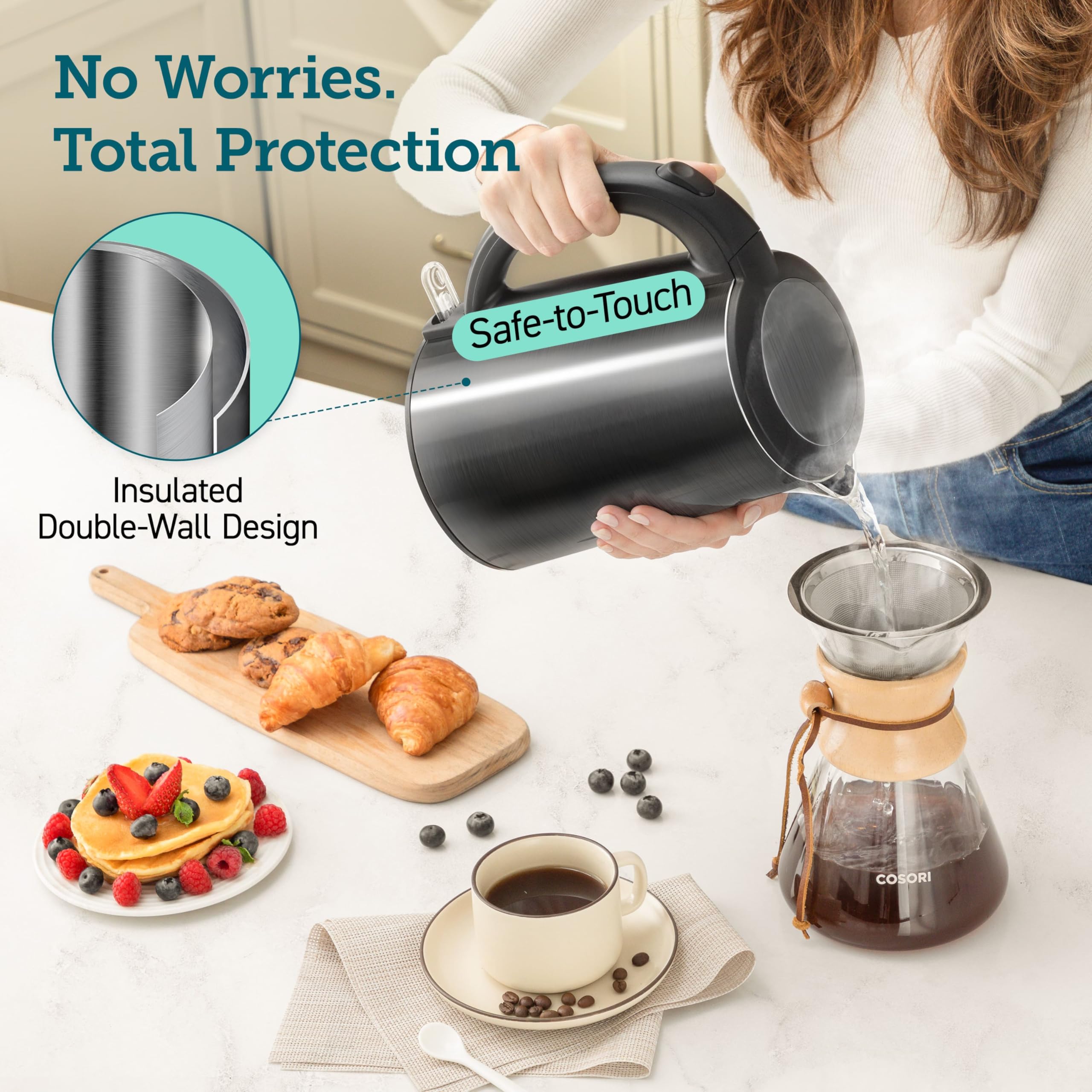 COSORI Electric Kettle, Cool-Touch Double Wall Stainless Steel Insulated, Automatic Shut Off & Boil-Dry Protection, Durable Tea Kettle Boiler & Heater, 1.5L/1500W, Black - Image 3