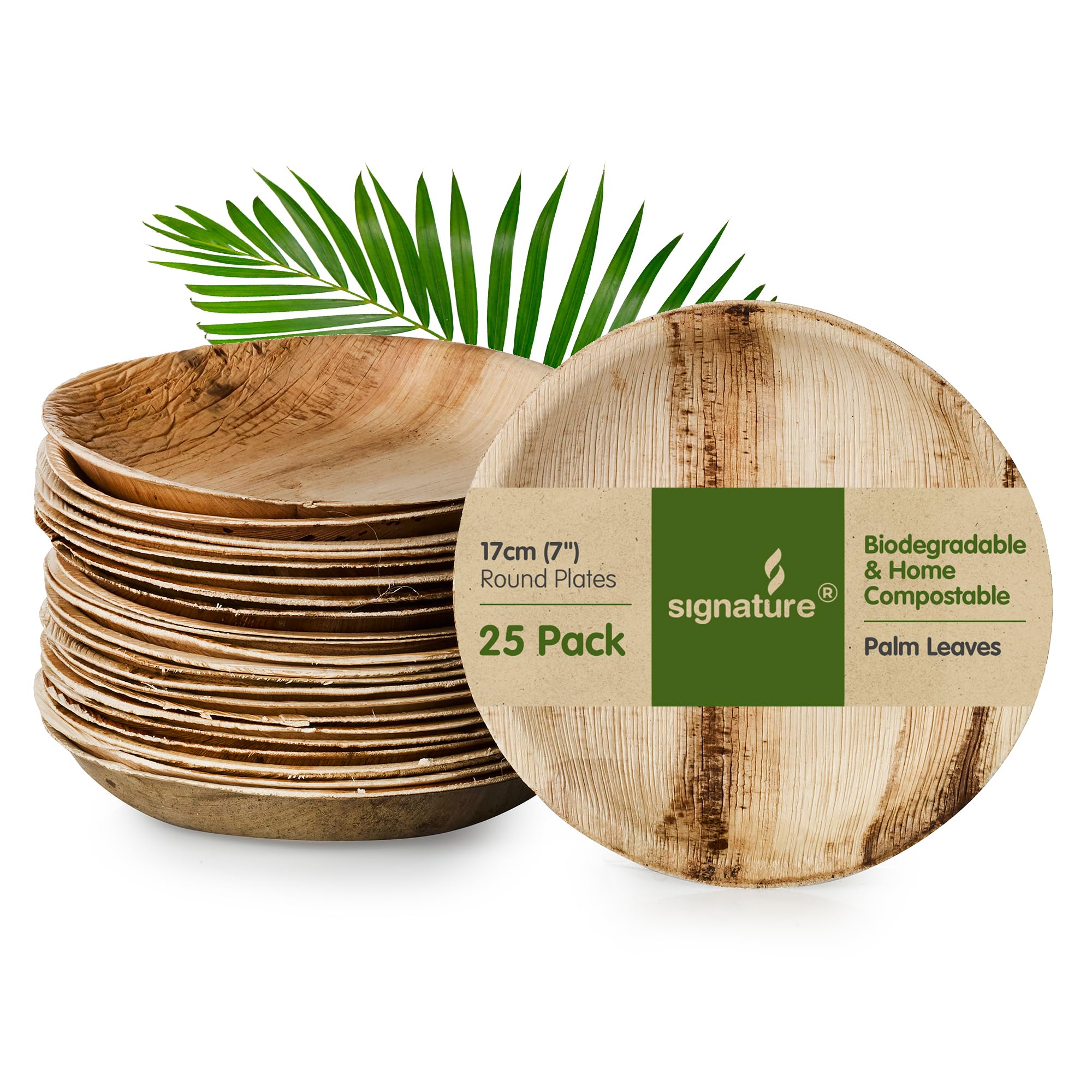 Signature Packaging Disposable Palm Leaf Plates, Sturdy Eco-Friendly Biodegradable Compostable Plates for Hot Food, Weddings, Picnics, Parties and Outdoor Events - 6", (25 Pack) Round