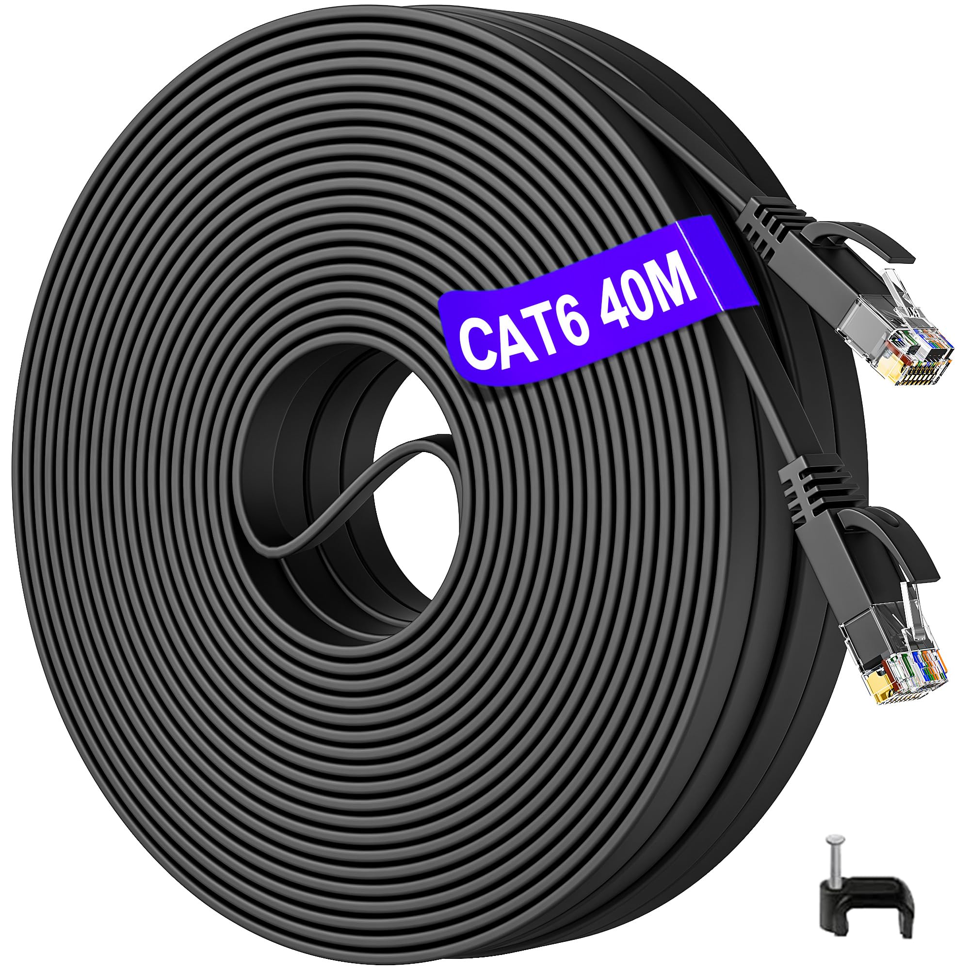 Soibke 40m Ethernet Cable, Flat Internet Cable Cat 6 Outdoor Indoor Long Network Cable 40 Meter Slim High Speed 1000Mbps, Black Wifi Cable Gigabit LAN Patch Cord for Router Modem