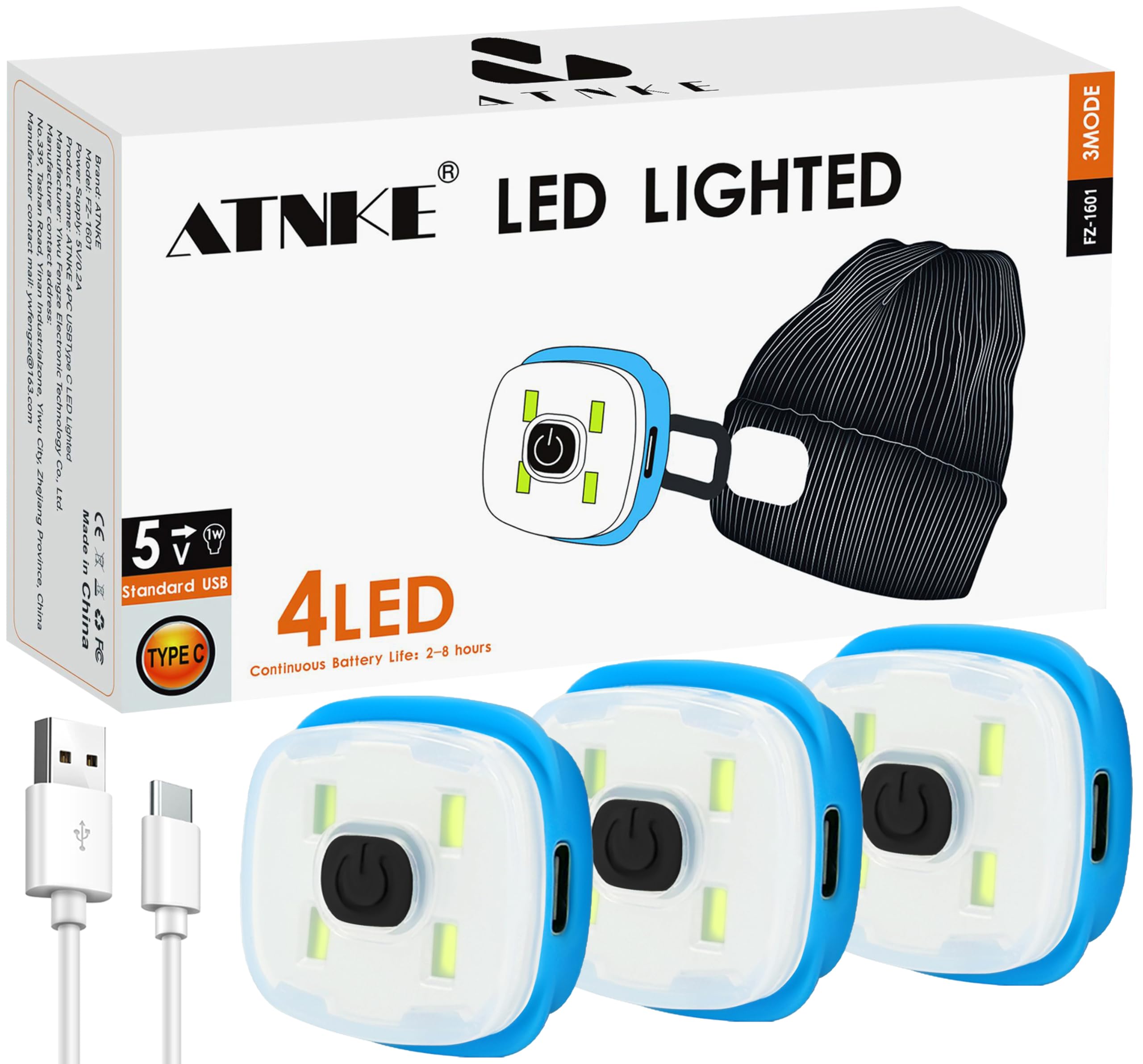 ATNKE Replacement LED Lights for Lighted Beanie Hat, USB Type C Rechargeable Ultra Bright Headlamp Light Hands Free Head Torch Gifts for Men and Women/Type C/White Light-3PC