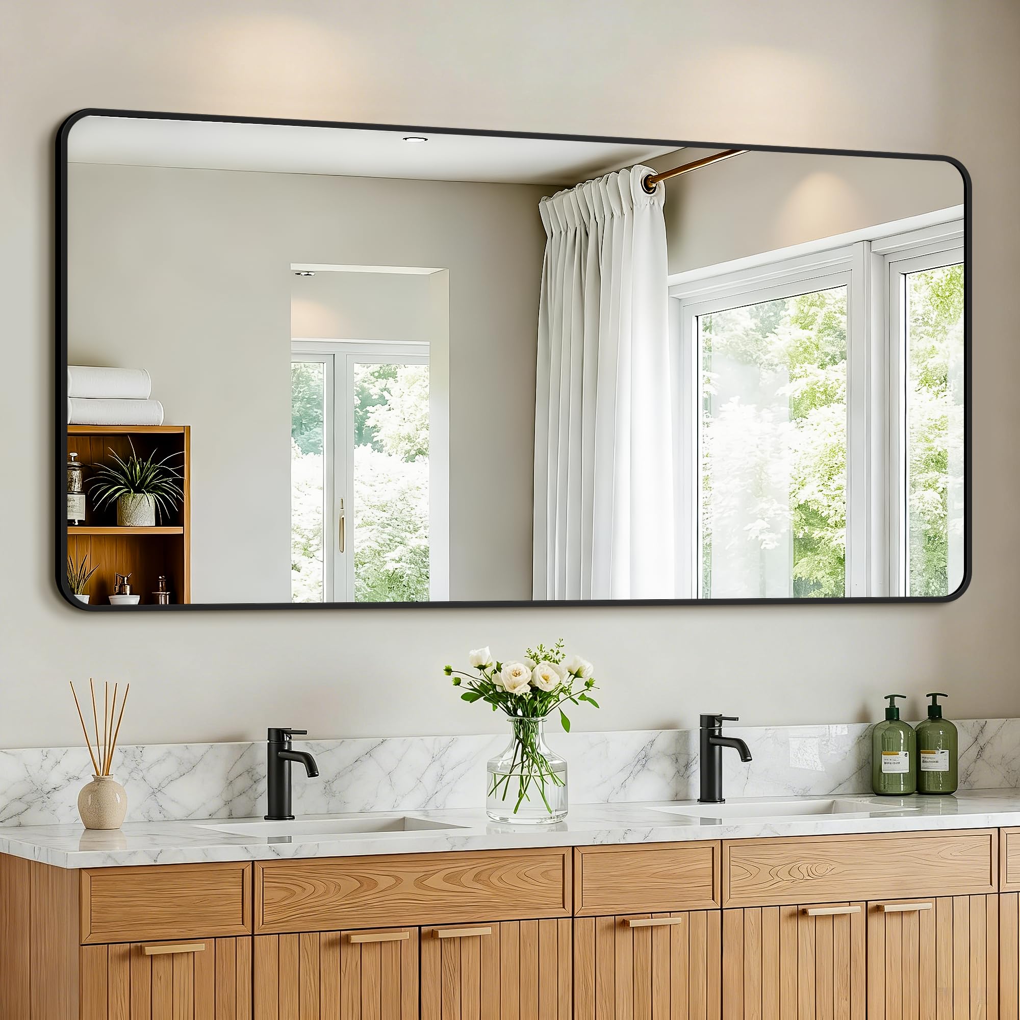 Photo 1 of *** NO PACKAGING, MINOR SCRATCHES ***LAWADA Bathroom Vanity Mirror for Wall, 60"x30" Wall Mounted Bathroom Mirror for Over Sink with Sturdy Metal Frame, Vertical or Horizontal, Living Room, Bedroom, Entryway(Black)