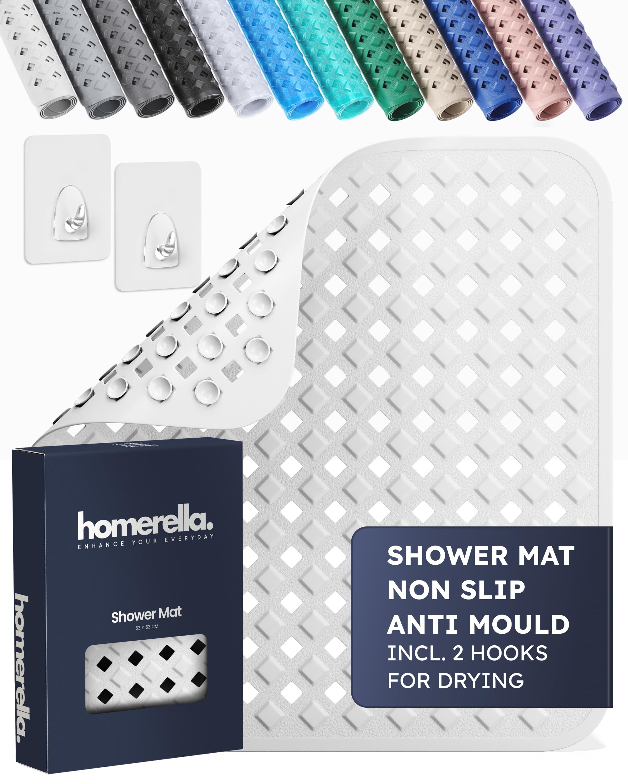 homerella® Shower Mat Non Slip Anti Mould 53 x 53 cm, INCL. Hooks for Drying, Bath Mat Non Slip Anti Mould, Shower Mats for Inside Shower, BPA-Free and Machine Washable for Children and Elderly