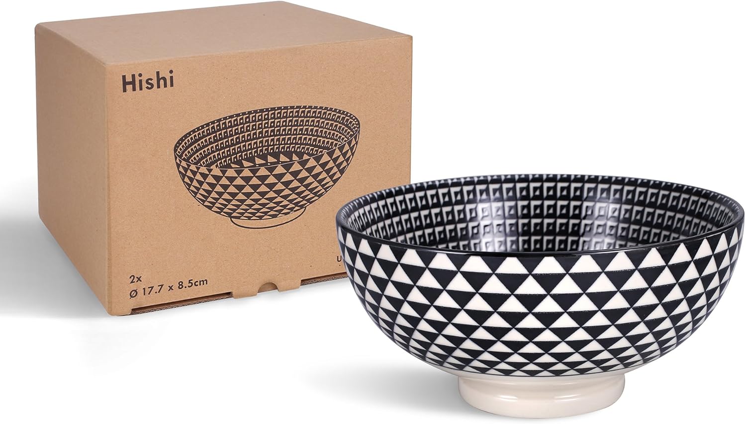 2 x Ramen Bowl Set Porcelain Bowl with Black/White Japanese Diamond