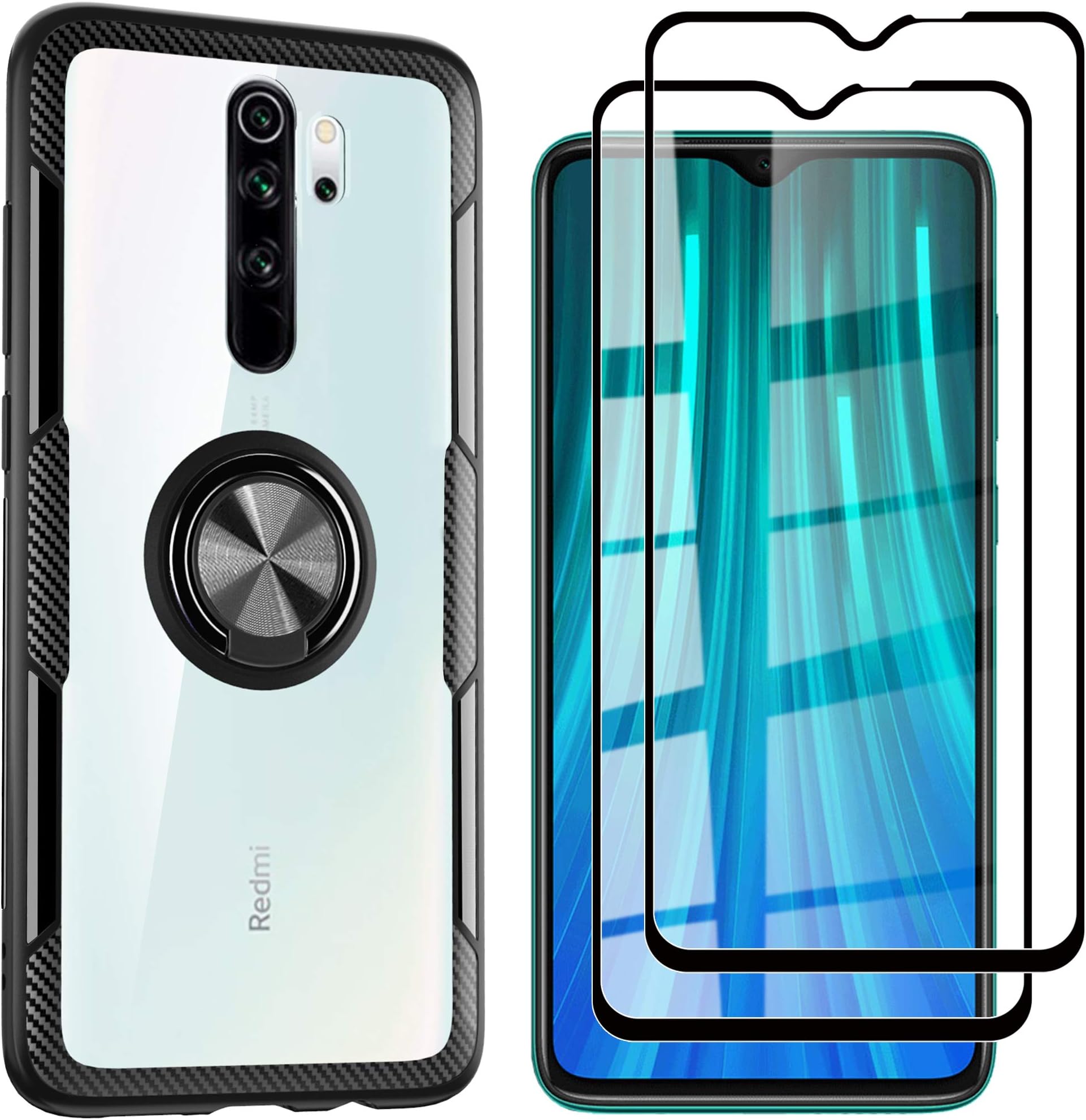 KOSPH for Xiaomi Redmi Note 8 Pro Clear Ring Armor Case with 2-Pack Anti Scratch Tempered Glass Screen Protector (Redmi Note 8 Pro, Black)