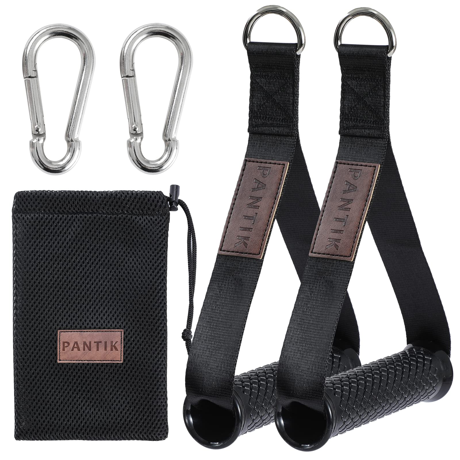 PANTIK Upgraded Exercise Handles Heavy Duty Cable Machine Attachments D Handle Resistance Band for Fitness Nylon Strap Silicon Grip Solid ABS Cores with Carabiners Home Gym Set of 2, Black