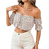 SweatyRocks Women's Ditsy Floral Off The Shoulder Crop Top Ruffle Puff Sleeve Tie Front Blouse Tops
