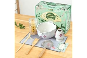 ENVTEK 8Pcs Matcha Whisk Set with Floral Ceramic Matcha Bowl, Wooden-Handled Sifter, Bamboo Whisk, Whisk Holder, Bamboo Scoop, Scoop Rest, Spoon, Tea Towel, Greeting card, Gift for Beginners