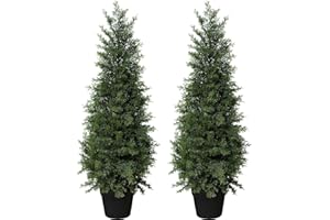 LOMANTO Outdoor Artificial Topiary Cedar Tree 3Ft UV Rated Potted Plants 2Pack Fake Tree for Porch Decor Faux Pine Plant for Housewarming