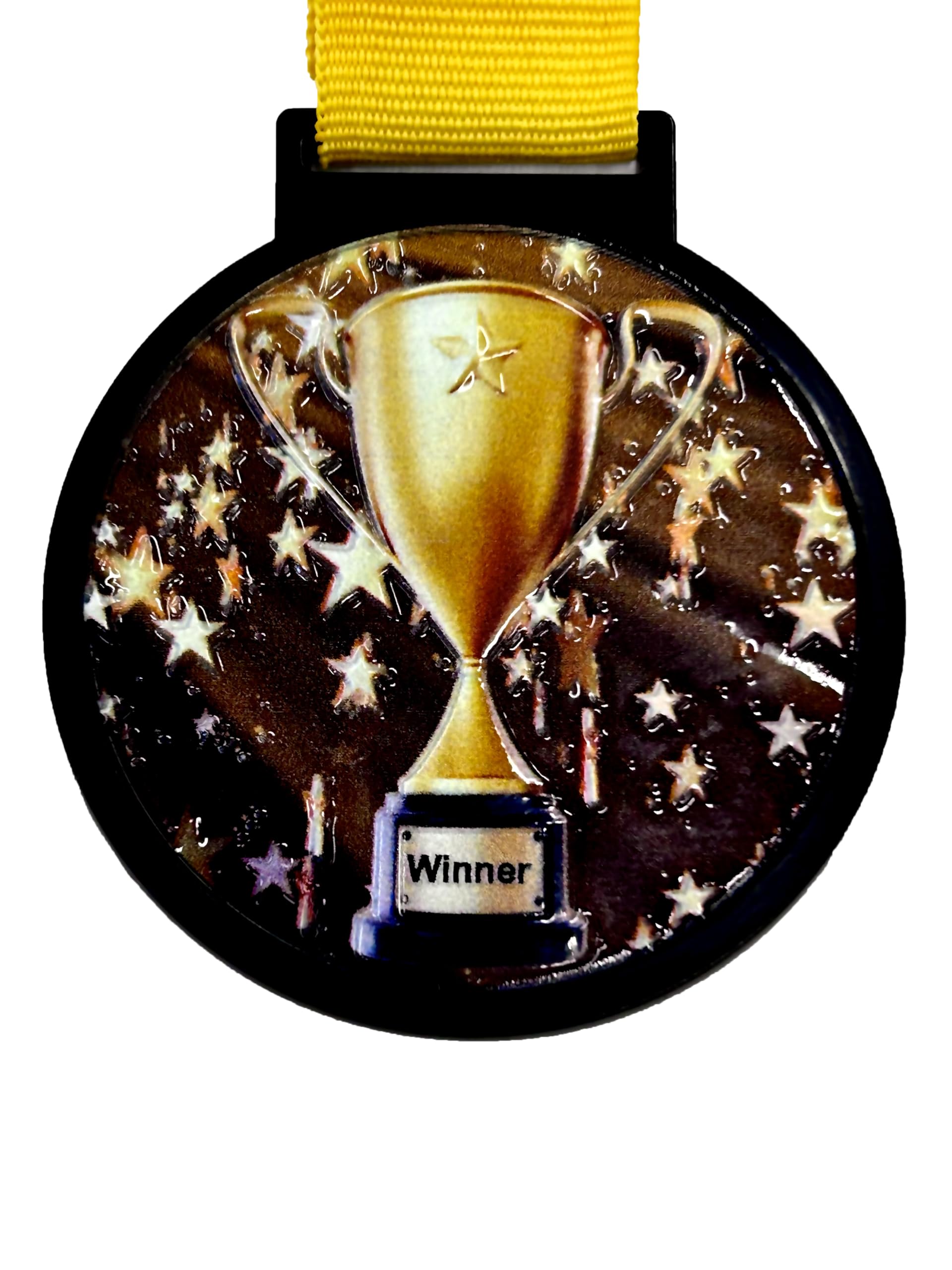 Photo 1 of 10 Pack of Large 2.25 Inch 1st Place Winner Champion Trophy Cup Award Medals with Attached Neck Ribbons Medal Trophies Gift Prize Team Black Gold Star UV First Participant Player Event Gold Victory