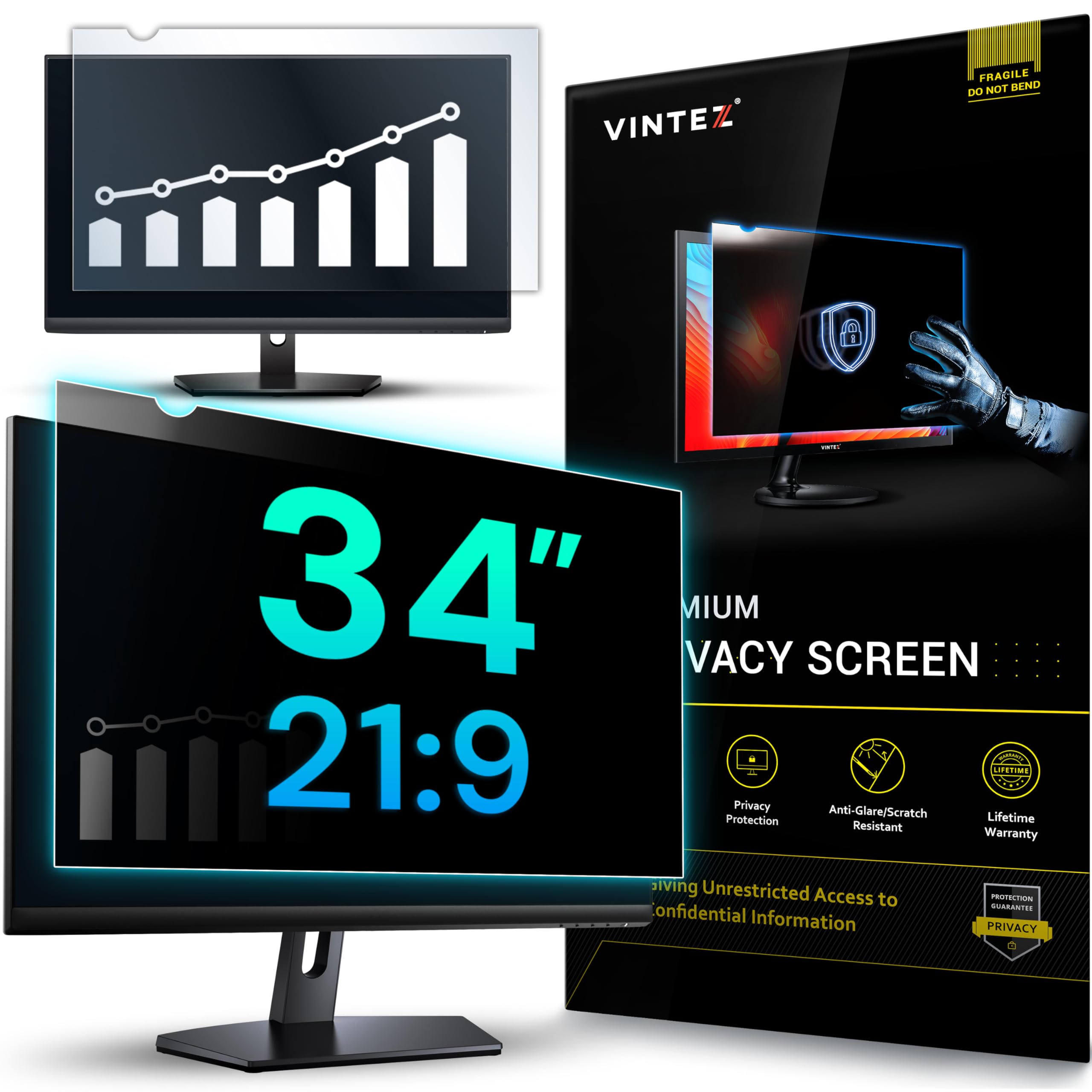 VINTEZ 34 Inch 21:9 Privacy Screen for Computer Monitor and Laptop - Anti Glare Protector Film Blue Light Filter Eye Protection - Computer Screen Privacy Shield, [1 Pack] — image 1