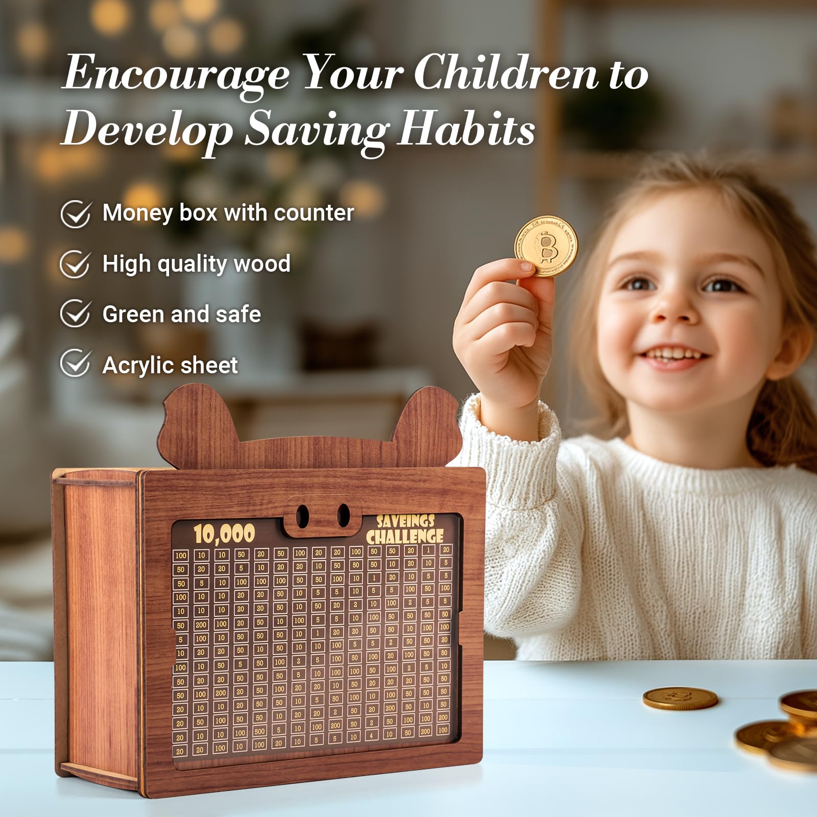 Marycele Money Saving Box, 10000 Wooden Piggy Bank for Adults Kids, Coin Cash Box Gifts Toys for Ages 8-13, Reusable Kakaibo Money Box for Kids Birthday Gifts Boys Girls Adults Challenge （5 Amounts）