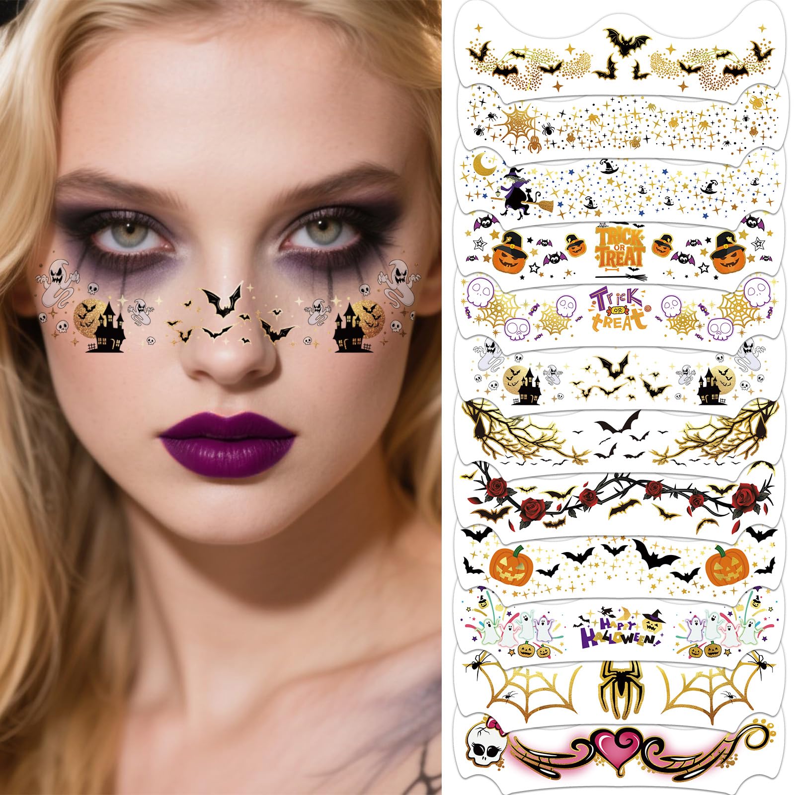 Photo 1 of 12 Sheets Halloween Face Temporary Tattoo, Ghost Skull Witch Bat Spider Pumpkin Rose Waterproof Fake Tattoos Face Makeup Freckles Patches For Women Girls Halloween Festival Party Supply