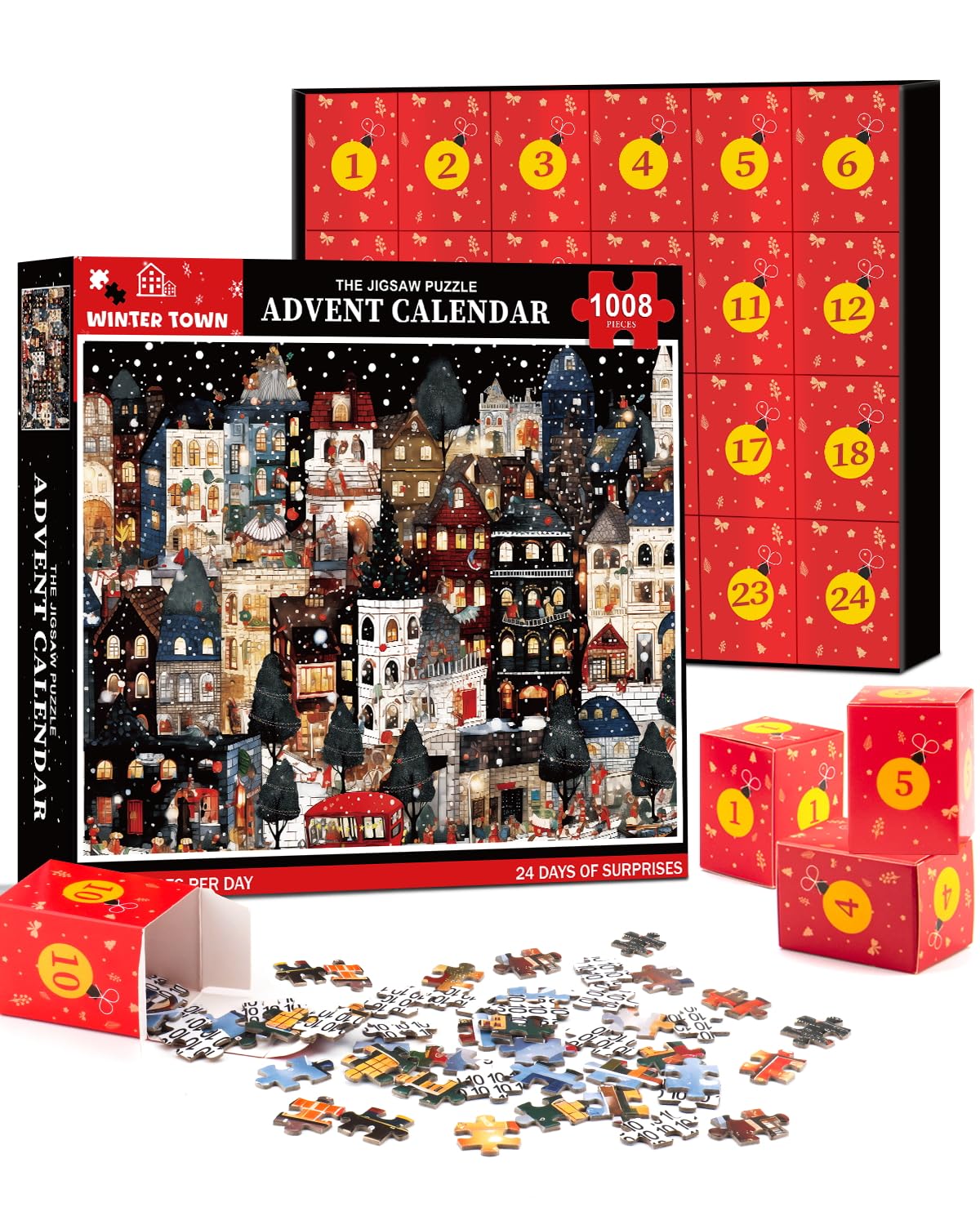 Photo 1 of Jigsaw Puzzle Advent Calendar 2025,24 Box Christmas Puzzle for Adult Kids-Winter Town,1008 Piece,19.7 inches x 27.6 inch,Christmas Countdown Calendar Family Puzzle Game
