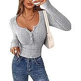 PRETTYGARDEN Women's Long Sleeve Tops 2026 Spring Fashion Clothes Henley Shirts Slim Fitted Ribbed Tees Blouses Fall Outfits
