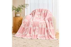 Nahjiiem Pink Bow Blanket Cozy Knitted Bow Checkered Throw for Baby Girls, Reversible Pattern Bows Gift, Coquette Pink Bows Bedding Stuff Decor Blankets 50x60 Inches