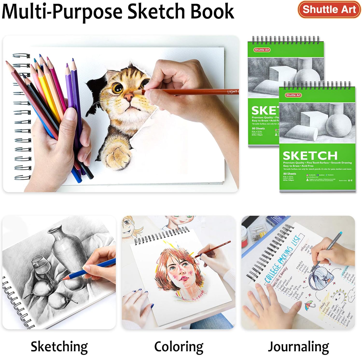 Artists Sketch Books, 9 x 12 Shuttle Art 160 Sheets of Sketch Paper pad Ideal for Drawing and School Supplies (2 Pack): Arts, Crafts & Sewing
