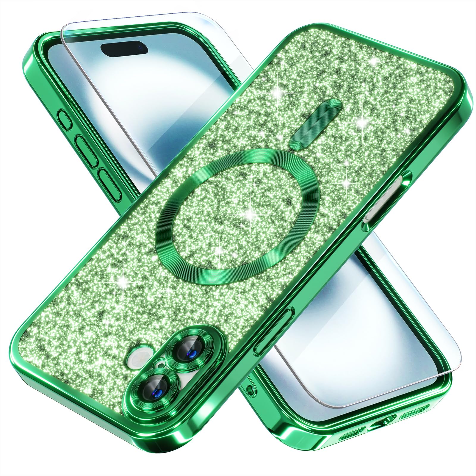 Misea Magnetic for iPhone 16 Case Compatible with MagSafe [Military Grade Drop Protection] Full Camera Lens Protector Plating Glitter Soft Phone Case for Women Girls 6.1 inch, Green