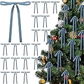 Glitinsel 24 Pcs Velvet Bows Christmas Tree Ornaments Vintage Double Faced Velvet Ribbon Bows for Tree Garland Wreath Indoor Outdoor Xmas(5 x 7 Inch,Width of 3/8",Dusty Blue)