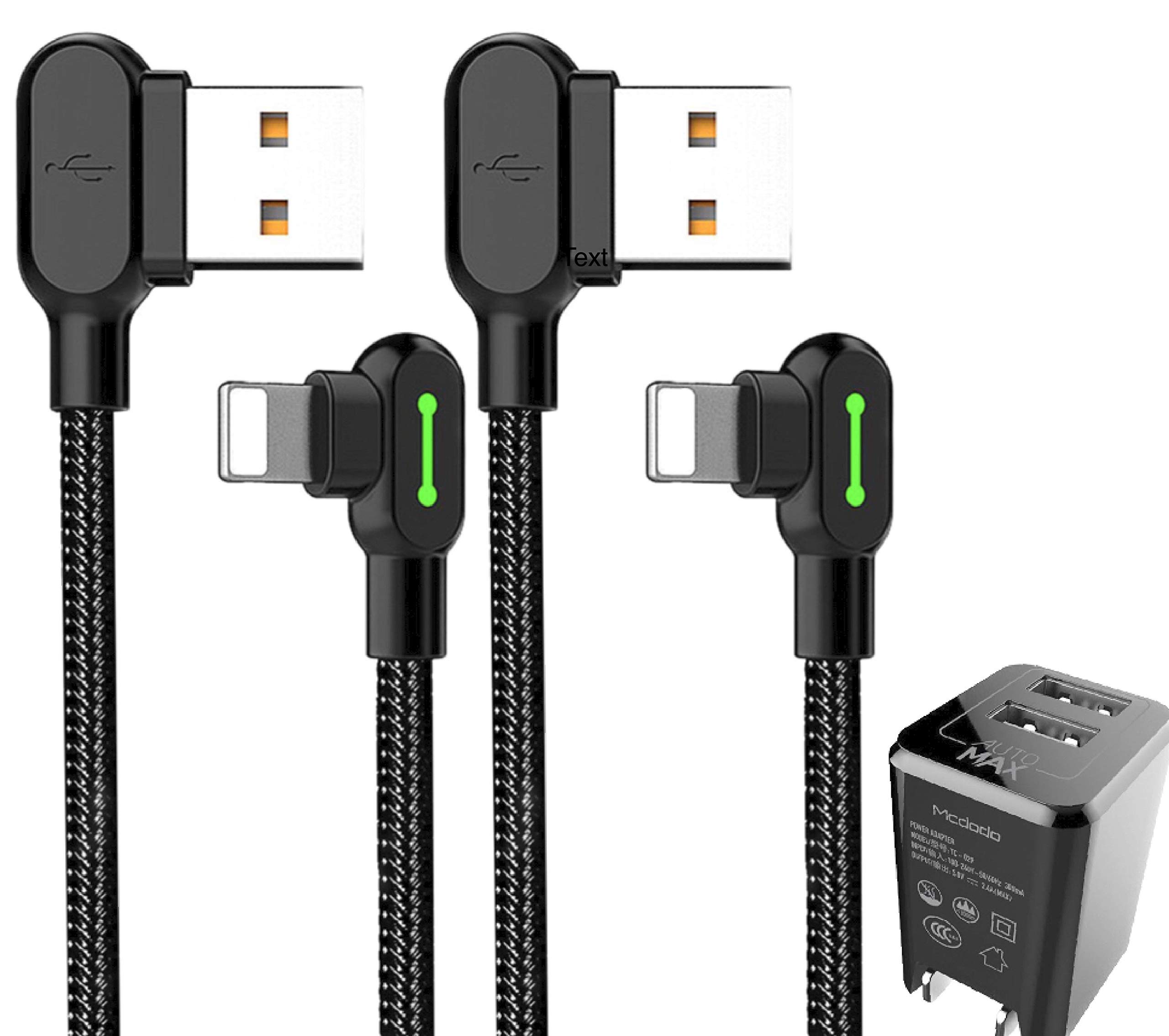 MCDODO USB 90 Degree Right Angle Design Gaming LED Nylon Braided Sync Charge USB Data 6FT/1.8M Cable Compatible with iPhone/iPad/iPod (6FT Black + Wall Adapter)