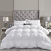 Luxurious All-Season Goose Down Feather Fiber Comforter Twin Size Duvet Insert, Exquisite Pinch Pleat Design, Premium Baffle Box, 100% Egyptian Cotton Cover, 50 oz. Fill Weight, White