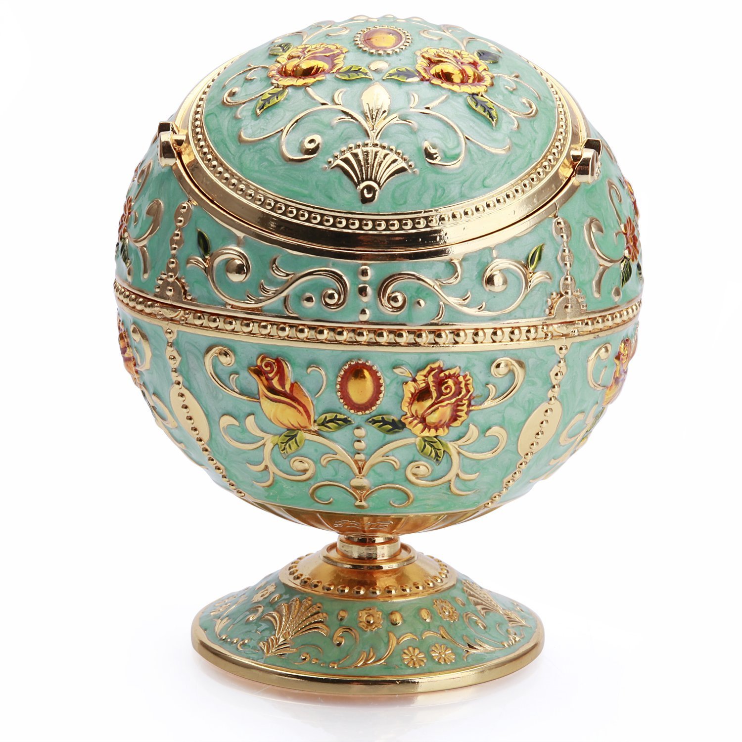 MALAYAS Vintage Windproof Cigar Ashtray, Light Green Alloy, Hand Stamped Pattern, Portable, with Lid and Odor Eliminator, ASHTRAY, Medium, Round, Enamel, Modern, Vintage, Green, Nickel