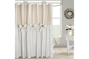 DOSLY IDÉES Linen Button Farmhouse Beige Shower Curtain,Bowknot,Linen and Cotton Woven Fabric,Pleated Black Stripe,Country Style,72x72 in